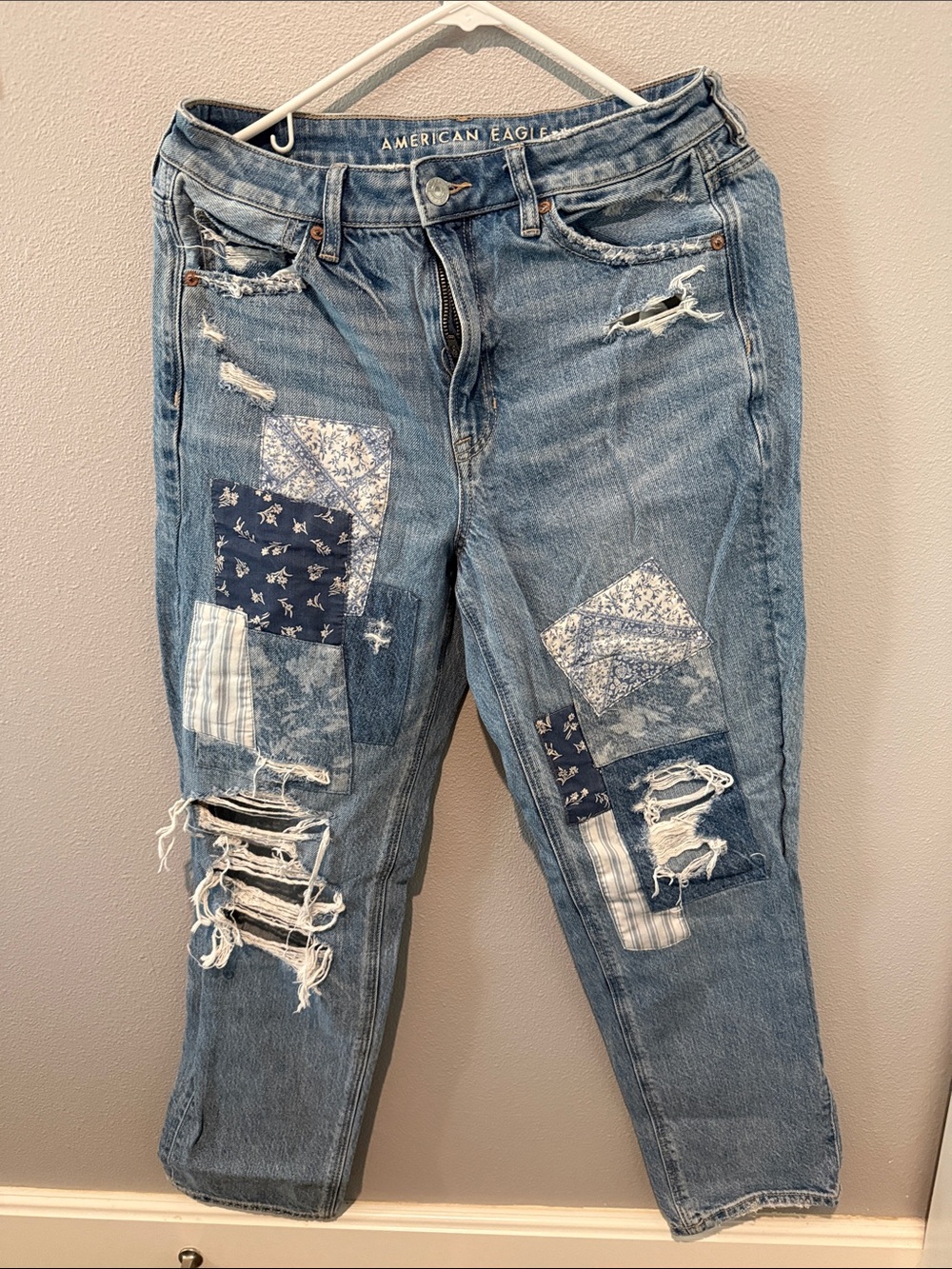 American Eagle Outfitters Light Blue Distressed Patchwork Boyfriend Jeans